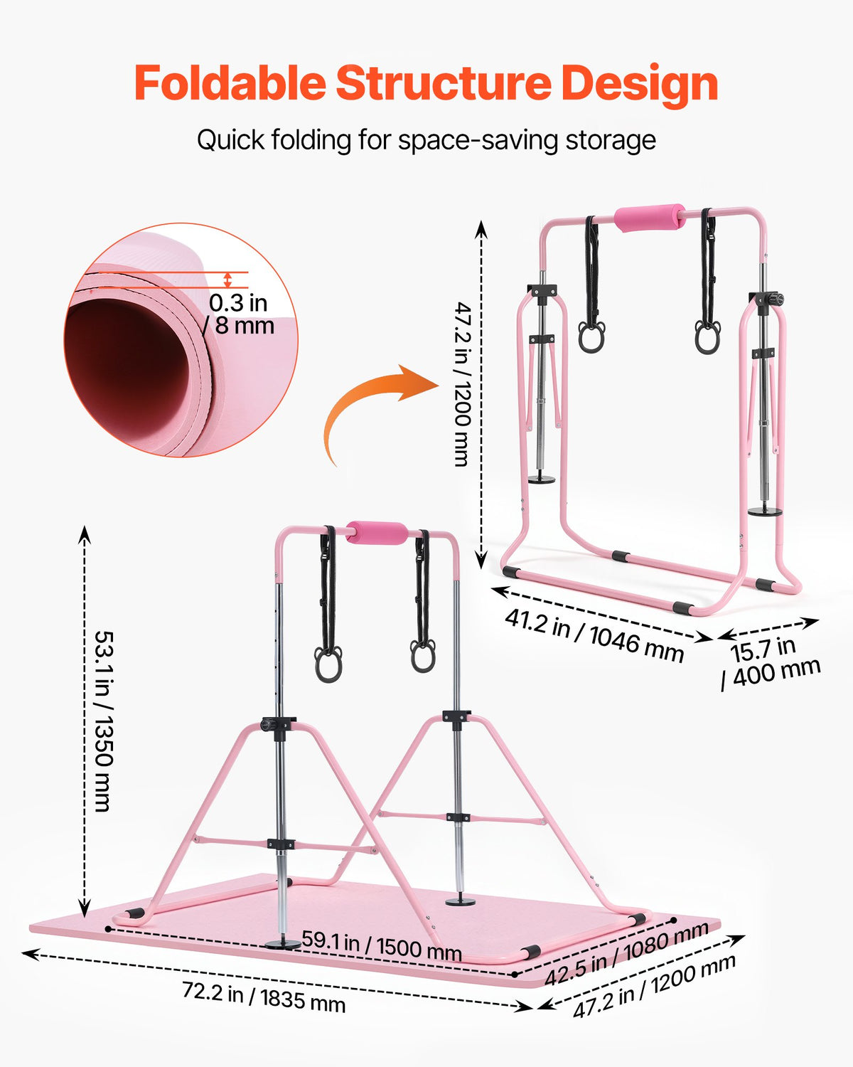 VEVOR Gymnastic Bars for Kids, 140 lbs Capacity Folding Training Kip Bar with Mat, Adjustable Height Gymnastic Horizontal Bar for Home, Training Equipment for Indoor Outdoor, Easy to Assemble, Pink - ETDGDDZKZD57WGX30001V0 - view 7
