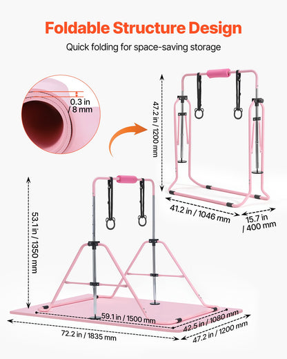 VEVOR Gymnastic Bars for Kids, 140 lbs Capacity Folding Training Kip Bar with Mat, Adjustable Height Gymnastic Horizontal Bar for Home, Training Equipment for Indoor Outdoor, Easy to Assemble, Pink - ETDGDDZKZD57WGX30001V0 - view 7