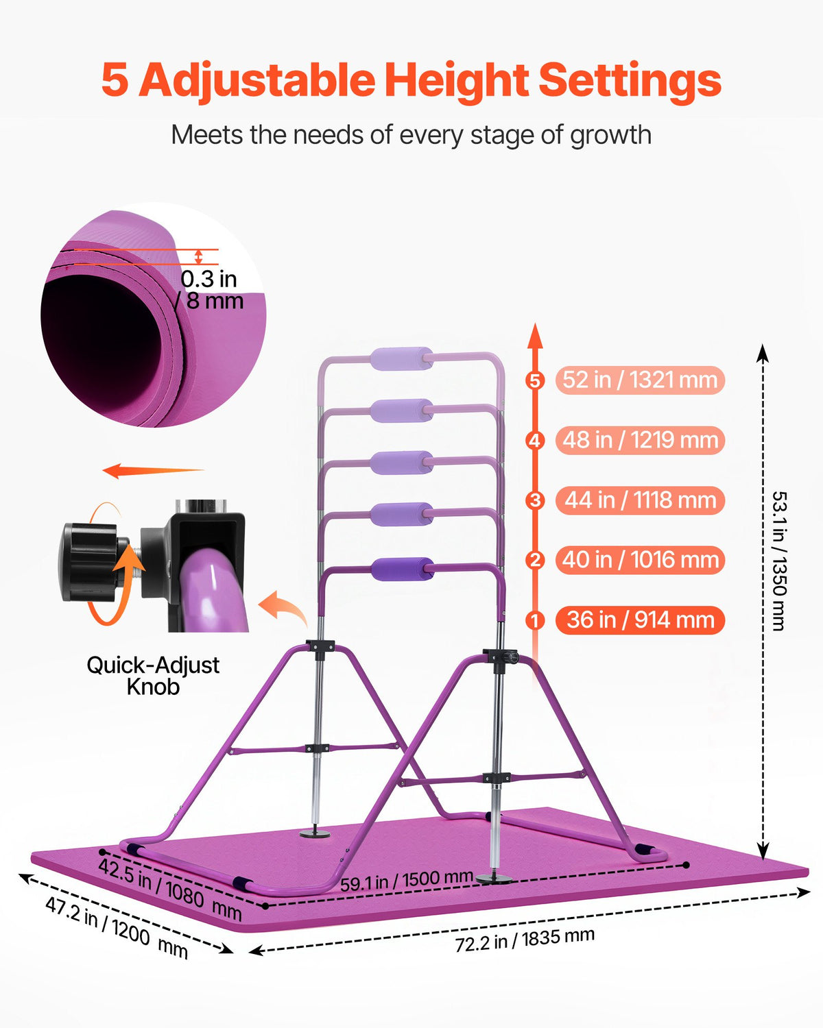 VEVOR Gymnastic Bars for Kids, 140 lbs Capacity Folding Training Kip Bar with Mat, Adjustable Height Gymnastic Horizontal Bar for Home, Training Equipment for Indoor Outdoor, Easy to Assemble, Purple - ETDGZS5739IN8JEIW001V0 - view 3