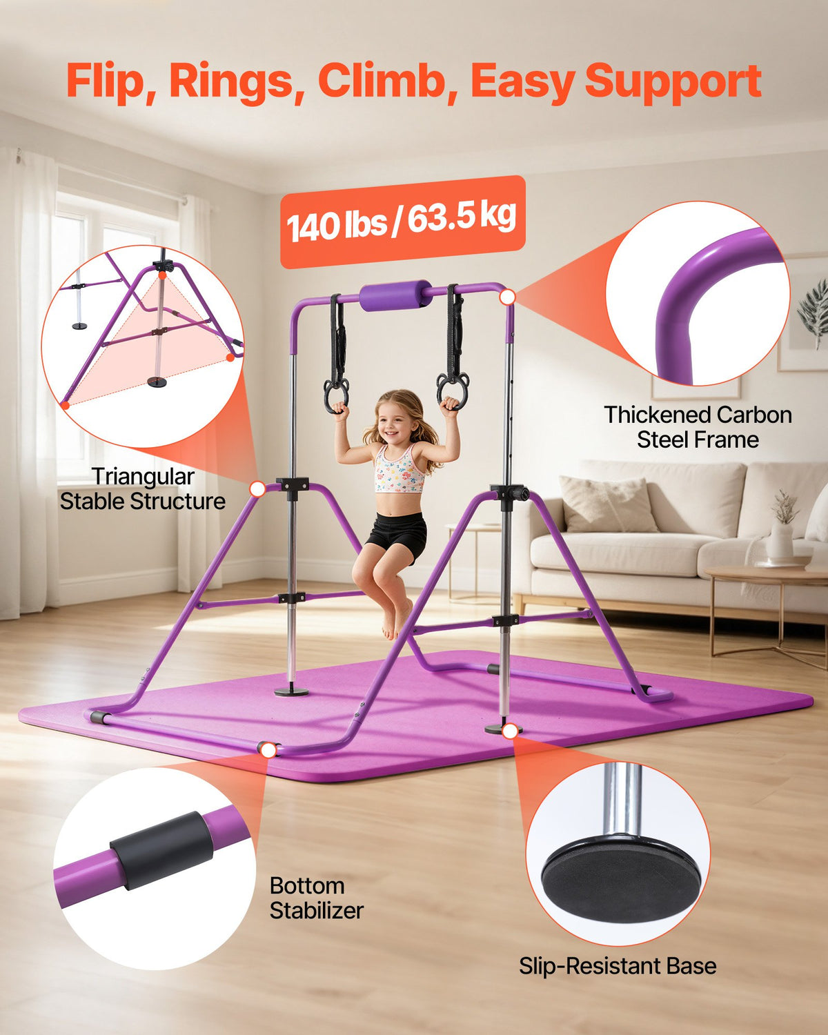 VEVOR Gymnastic Bars for Kids, 140 lbs Capacity Folding Training Kip Bar with Mat, Adjustable Height Gymnastic Horizontal Bar for Home, Training Equipment for Indoor Outdoor, Easy to Assemble, Purple - ETDGZS5739IN8JEIW001V0 - view 4