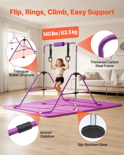 VEVOR Gymnastic Bars for Kids, 140 lbs Capacity Folding Training Kip Bar with Mat, Adjustable Height Gymnastic Horizontal Bar for Home, Training Equipment for Indoor Outdoor, Easy to Assemble, Purple - ETDGZS5739IN8JEIW001V0 - view 4