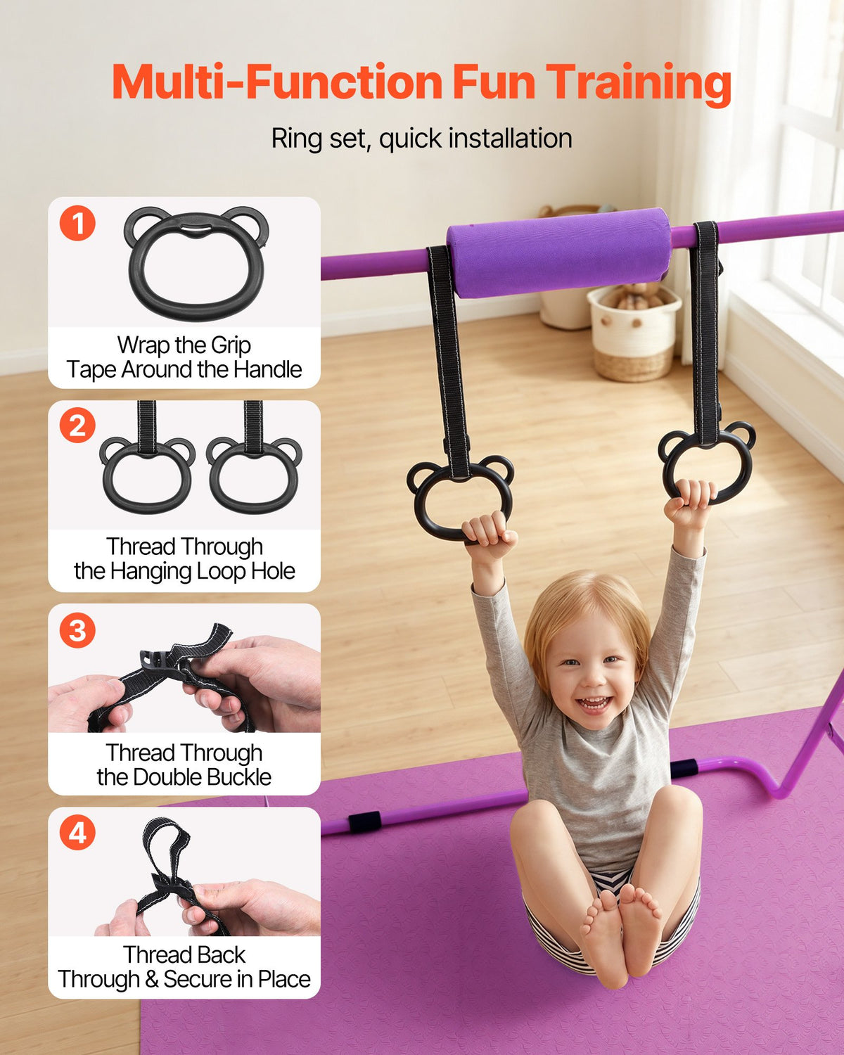 VEVOR Gymnastic Bars for Kids, 140 lbs Capacity Folding Training Kip Bar with Mat, Adjustable Height Gymnastic Horizontal Bar for Home, Training Equipment for Indoor Outdoor, Easy to Assemble, Purple - ETDGZS5739IN8JEIW001V0 - view 5
