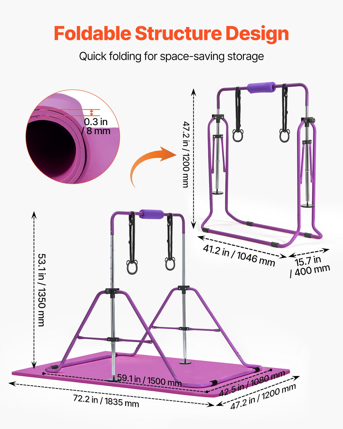VEVOR Gymnastic Bars for Kids, 140 lbs Capacity Folding Training Kip Bar with Mat, Adjustable Height Gymnastic Horizontal Bar for Home, Training Equipment for Indoor Outdoor, Easy to Assemble, Purple - ETDGZS5739IN8JEIW001V0 - view 7