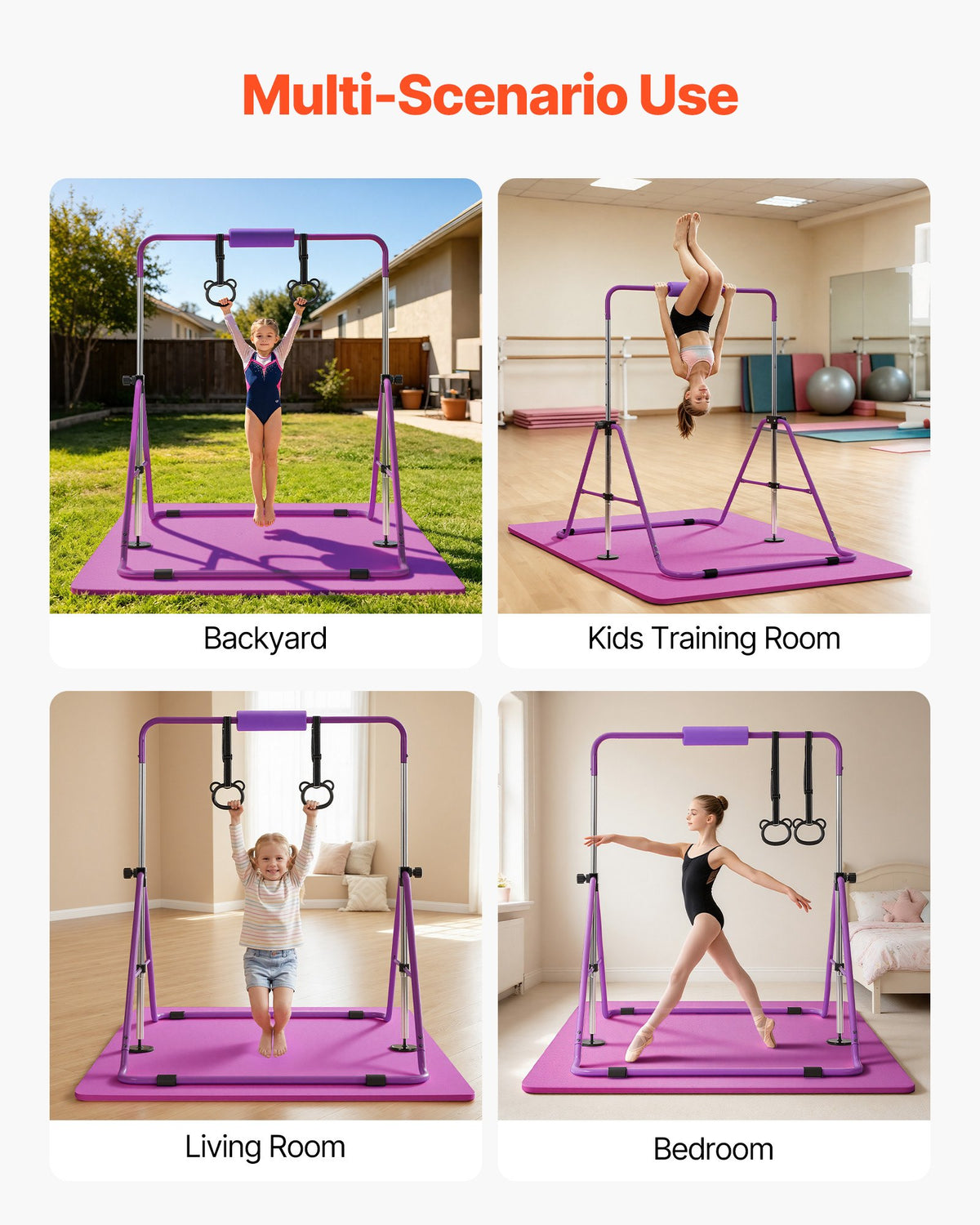 VEVOR Gymnastic Bars for Kids, 140 lbs Capacity Folding Training Kip Bar with Mat, Adjustable Height Gymnastic Horizontal Bar for Home, Training Equipment for Indoor Outdoor, Easy to Assemble, Purple - ETDGZS5739IN8JEIW001V0 - view 8