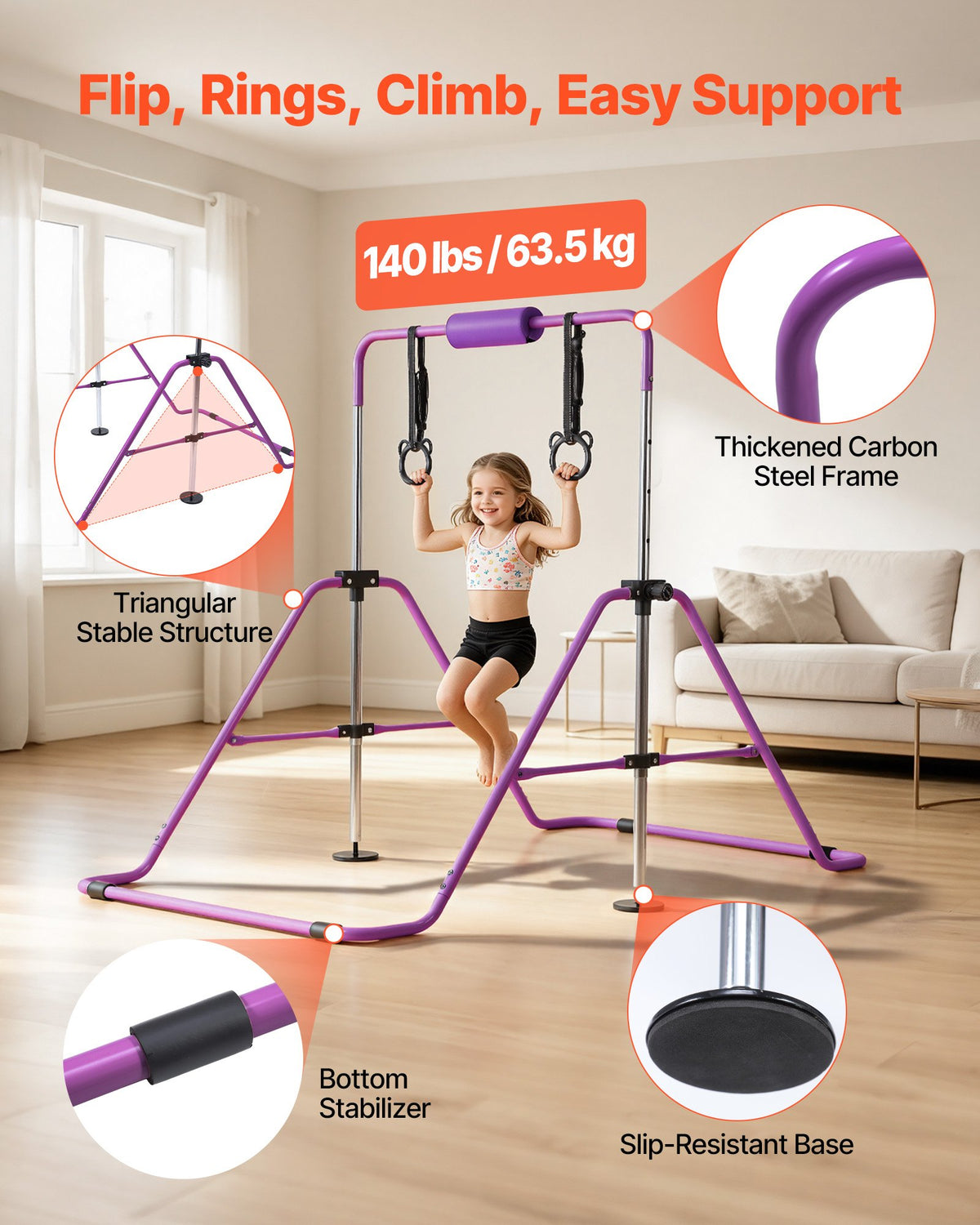 VEVOR Gymnastic Bars for Kids, 140 lbs Capacity Folding Training Kip Bar, Adjustable Height Gymnastic Horizontal Bar for Home, Training Equipment for Indoor and Outdoor, Easy to Assemble, Purple - ETDGZS5739INXBDCR001V0 - view 4