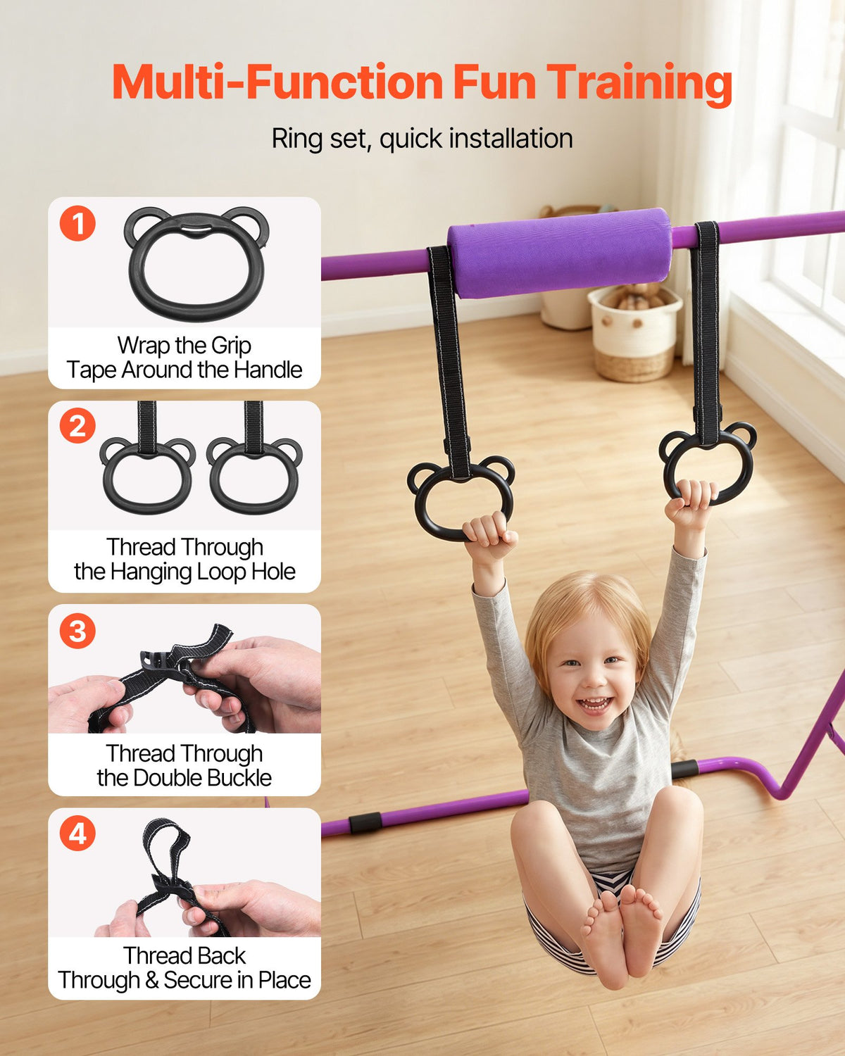VEVOR Gymnastic Bars for Kids, 140 lbs Capacity Folding Training Kip Bar, Adjustable Height Gymnastic Horizontal Bar for Home, Training Equipment for Indoor and Outdoor, Easy to Assemble, Purple - ETDGZS5739INXBDCR001V0 - view 5