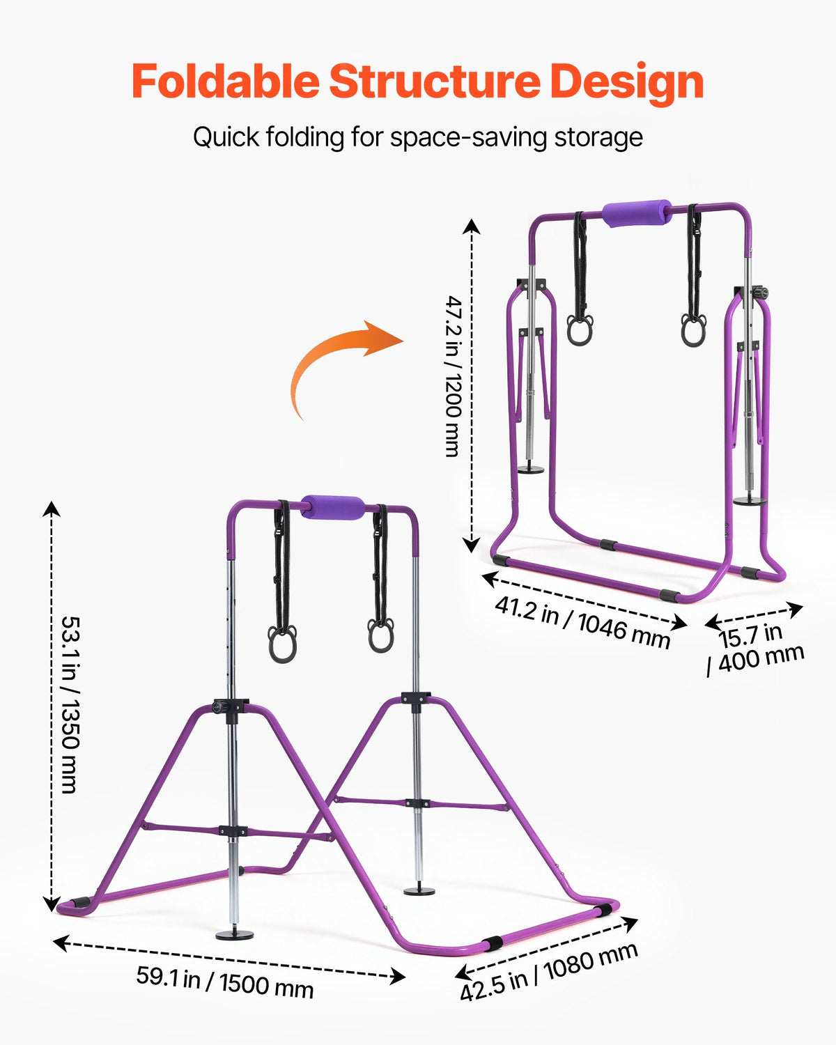 VEVOR Gymnastic Bars for Kids, 140 lbs Capacity Folding Training Kip Bar, Adjustable Height Gymnastic Horizontal Bar for Home, Training Equipment for Indoor and Outdoor, Easy to Assemble, Purple - ETDGZS5739INXBDCR001V0 - view 7