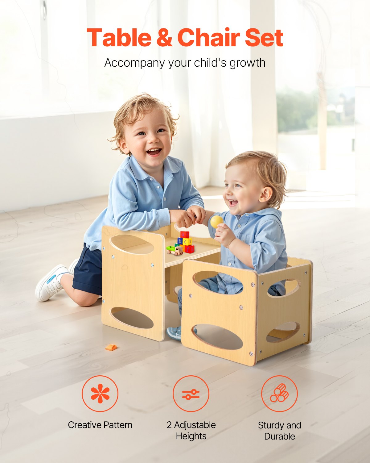 VEVOR Montessori Weaning Table and Chair Set, Wooden Toddler Table and Chair Set for Aged 1-5, Adjustable Height Kids Montessori Chair and Activity Table, Ideal for Reading, Eating, Playing - Natural - ETDNZY1513216DOMUV0 - view 3