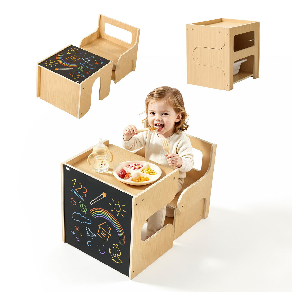 VEVOR Montessori Weaning Table and Chair Set, Wooden, Kids Table and Chair Set for Toddlers 1-5, Step Stool with Blackboard and Storage Space, Easy to Clean, for Eating, Drawing, Reading, Playing - ETDNZYTZBJBX5IO2Q001V0 - view 1