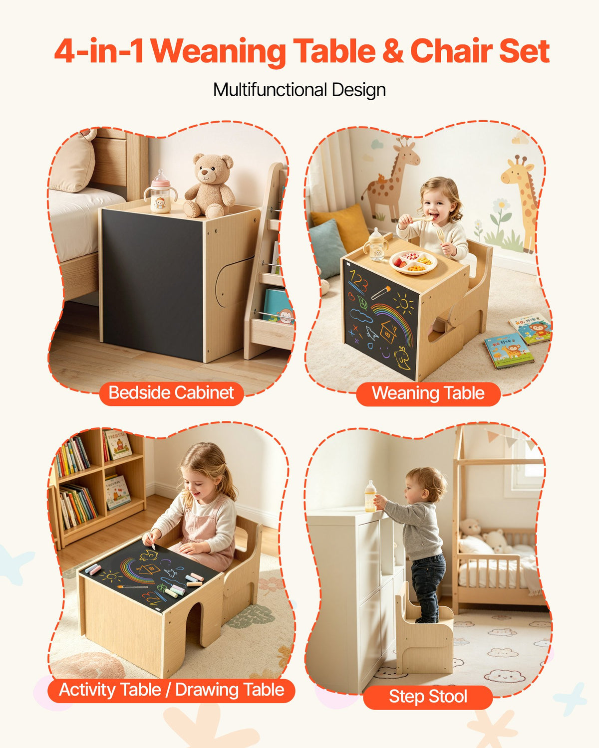 VEVOR Montessori Weaning Table and Chair Set, Wooden, Kids Table and Chair Set for Toddlers 1-5, Step Stool with Blackboard and Storage Space, Easy to Clean, for Eating, Drawing, Reading, Playing - ETDNZYTZBJBX5IO2Q001V0 - view 4