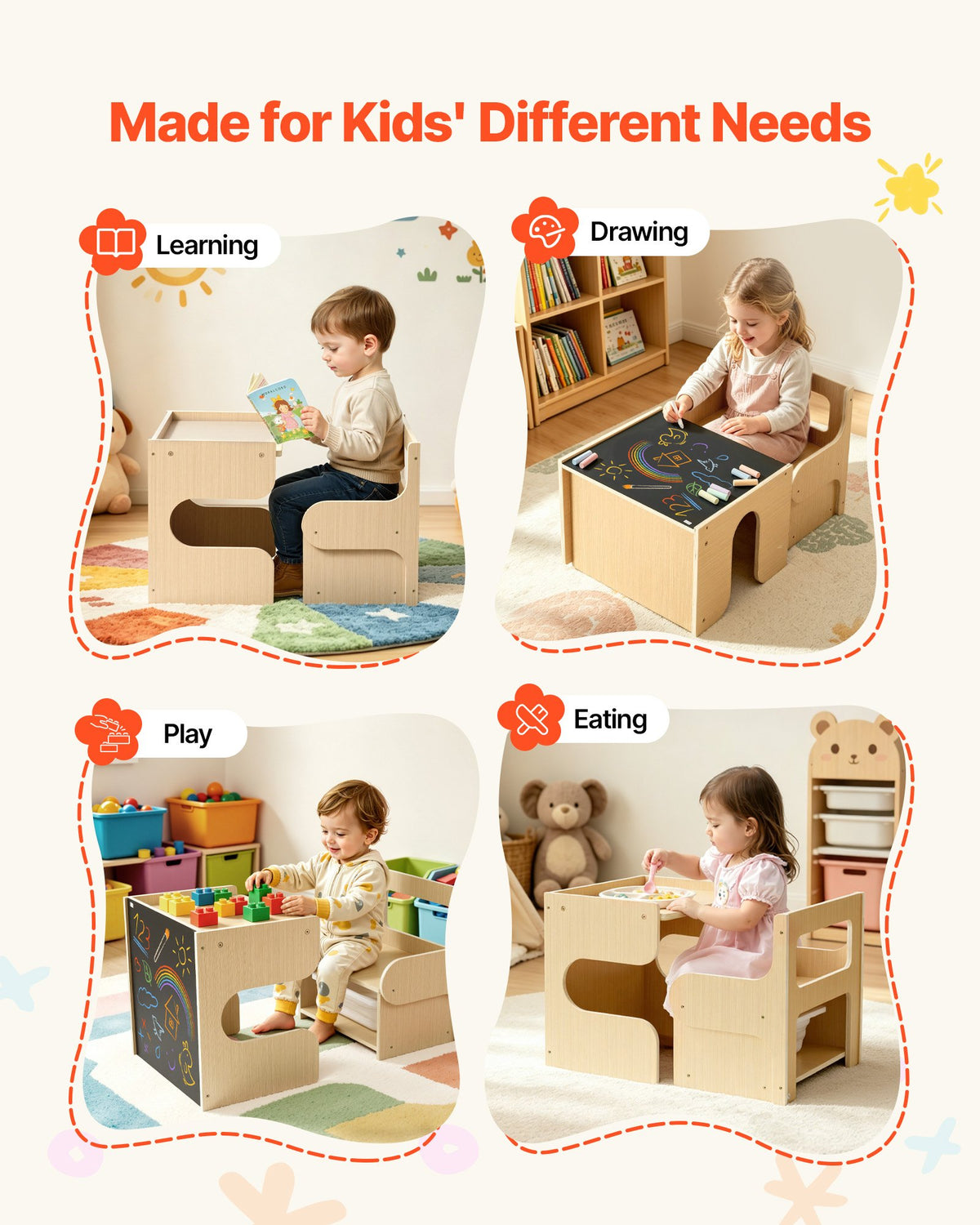 VEVOR Montessori Weaning Table and Chair Set, Wooden, Kids Table and Chair Set for Toddlers 1-5, Step Stool with Blackboard and Storage Space, Easy to Clean, for Eating, Drawing, Reading, Playing - ETDNZYTZBJBX5IO2Q001V0 - view 8