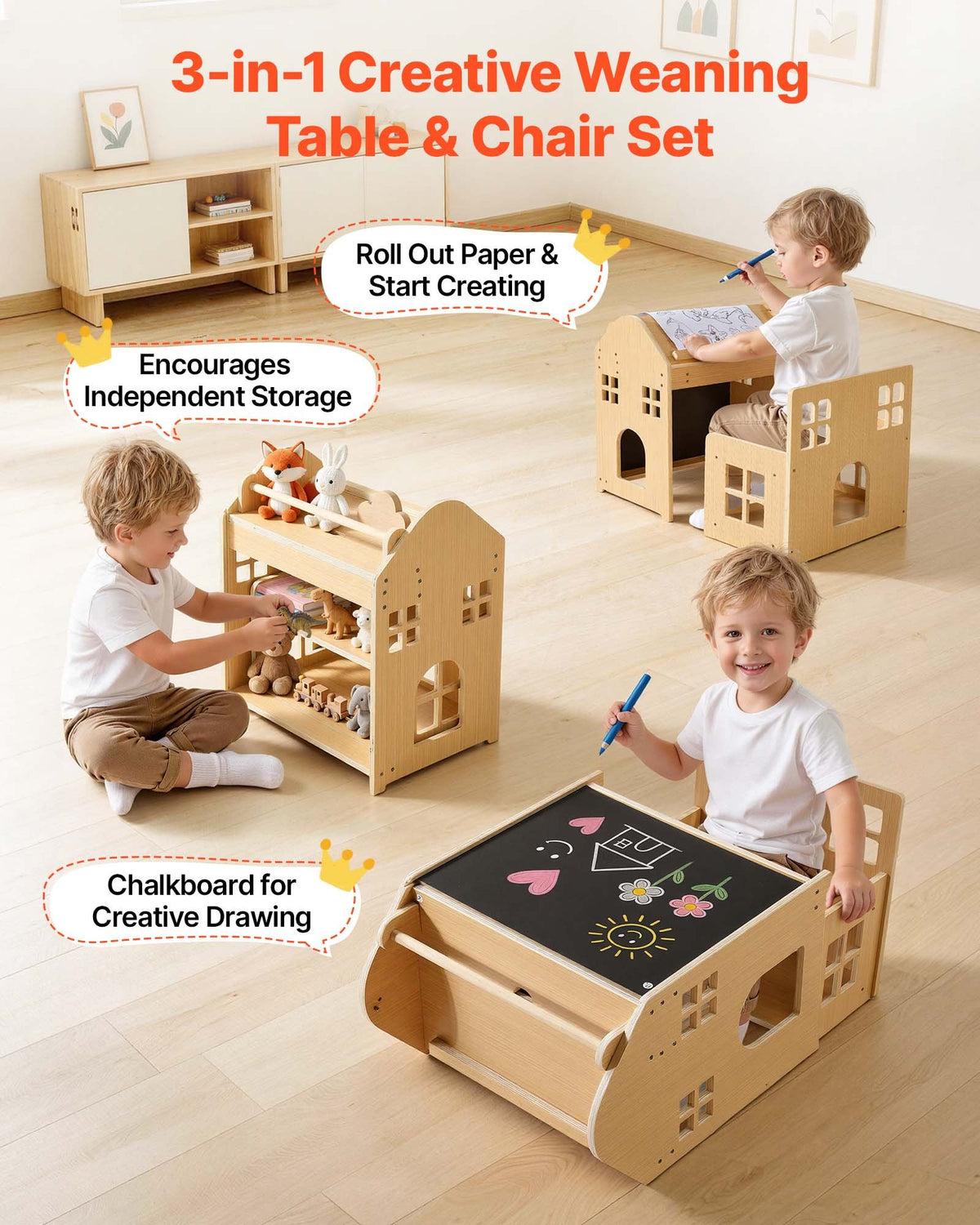 VEVOR Montessori Weaning Table and Chair Set, Wooden, 3 in 1 Kids Table and Chair Set for Toddlers 1-5, with Detachable Chalkboard, 0°& 35°Angles, Easy to Clean, for Eating Drawing Reading Playing - ETDNZYTZXFZBJD9OS001V0 - view 4