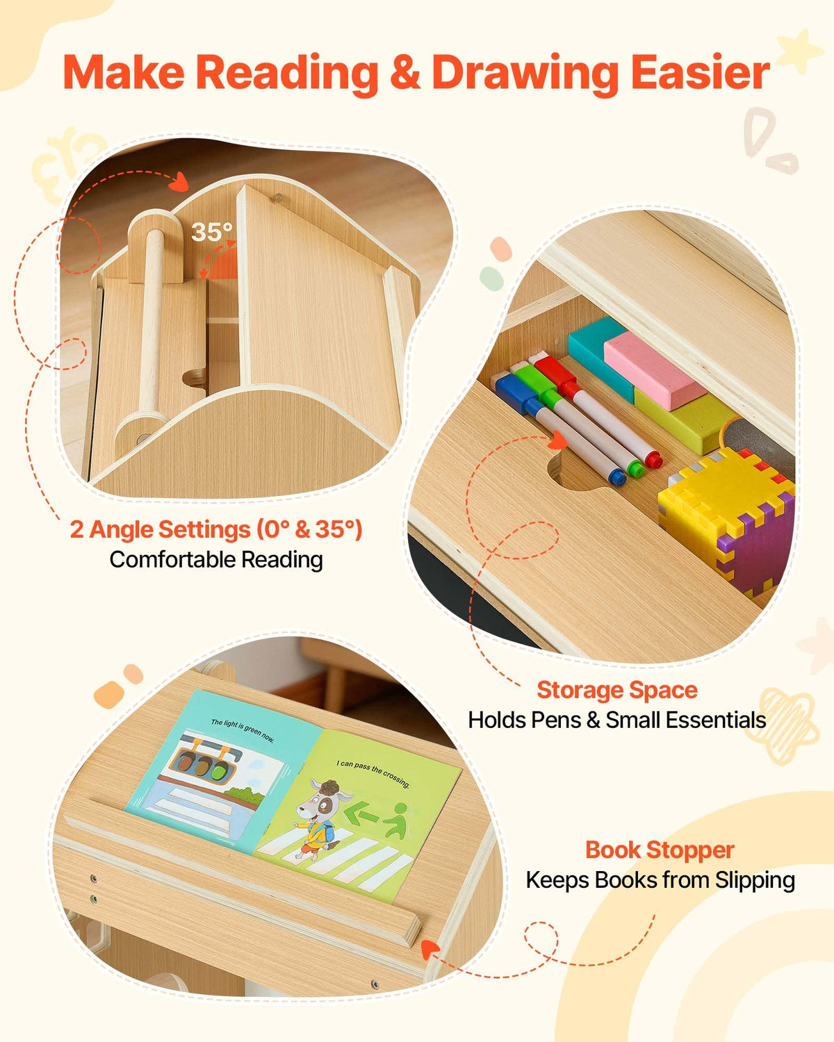VEVOR Montessori Weaning Table and Chair Set, Wooden, 3 in 1 Kids Table and Chair Set for Toddlers 1-5, with Detachable Chalkboard, 0°& 35°Angles, Easy to Clean, for Eating Drawing Reading Playing - ETDNZYTZXFZBJD9OS001V0 - view 6
