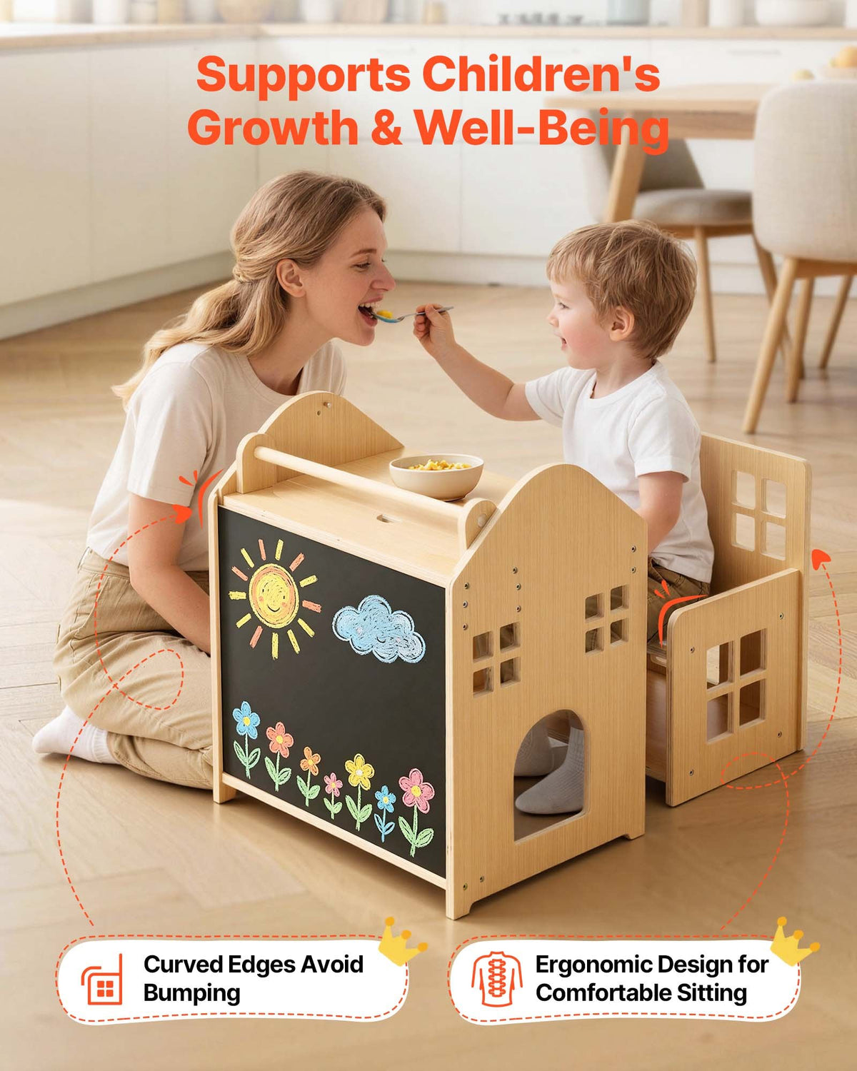 VEVOR Montessori Weaning Table and Chair Set, Wooden, 3 in 1 Kids Table and Chair Set for Toddlers 1-5, with Detachable Chalkboard, 0°& 35°Angles, Easy to Clean, for Eating Drawing Reading Playing - ETDNZYTZXFZBJD9OS001V0 - view 8