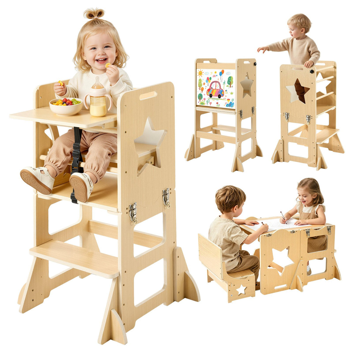 VEVOR Toddler Tower, Wooden, 6 in 1 Kitchen Step Stool for Kids 1-5, Montessori Weaning Table and Chair Set, Learning Standing Tower with Blackboard & Feeding Tray, for Bathroom and Kitchen Counter - ETDNZYTZYZYY00MX5001V0 - view 1