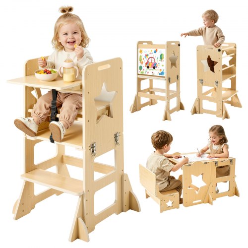 VEVOR Toddler Tower, Wooden, 6 in 1 Kitchen Step Stool for Kids 1-5, Montessori Weaning Table and Chair Set, Learning Standing Tower with Blackboard & Feeding Tray, for Bathroom and Kitchen Counter - ETDNZYTZYZYY00MX5001V0 - view 2