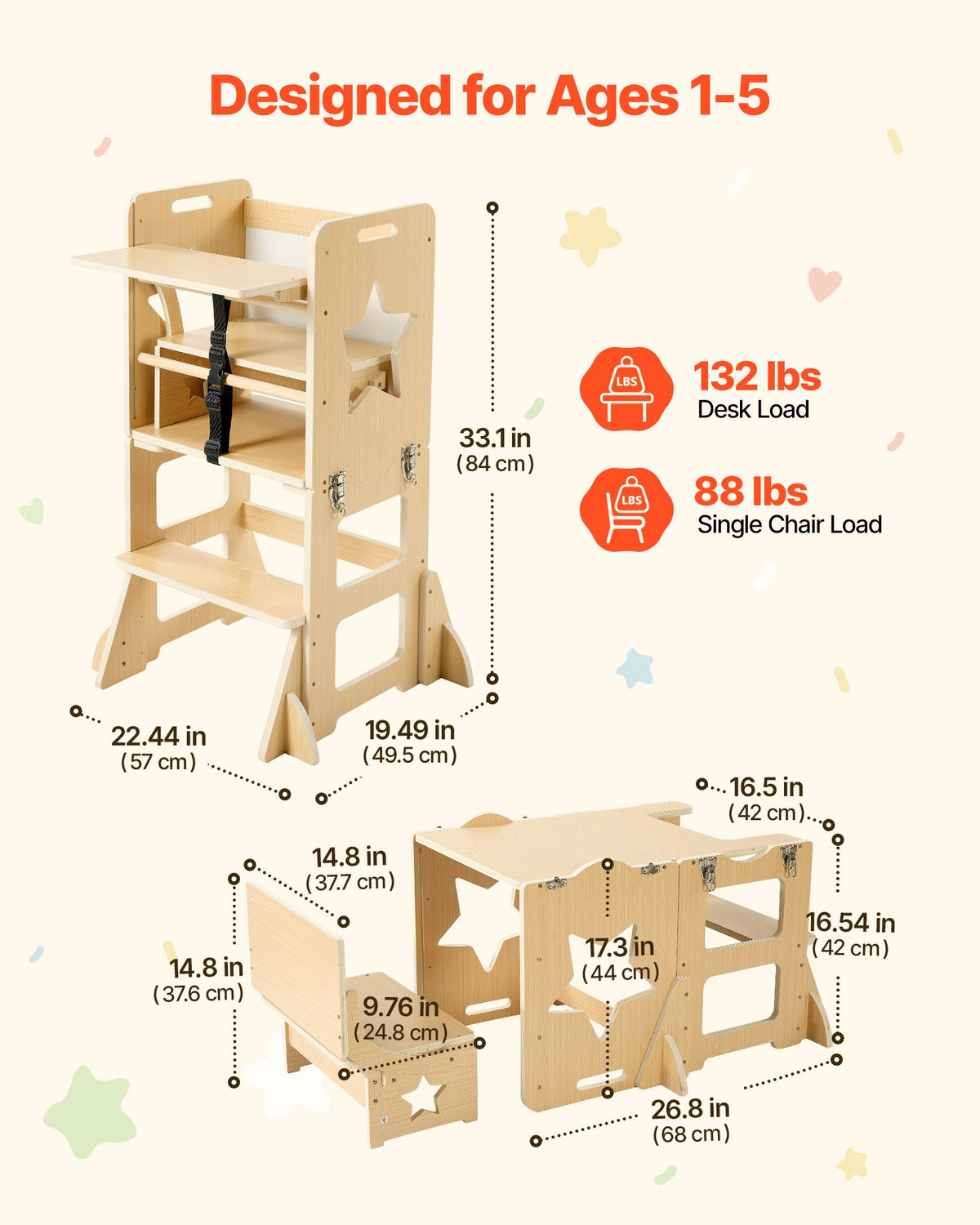 VEVOR Toddler Tower, Wooden, 6 in 1 Kitchen Step Stool for Kids 1-5, Montessori Weaning Table and Chair Set, Learning Standing Tower with Blackboard & Feeding Tray, for Bathroom and Kitchen Counter - ETDNZYTZYZYY00MX5001V0 - view 3
