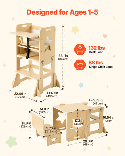 VEVOR Toddler Tower, Wooden, 6 in 1 Kitchen Step Stool for Kids 1-5, Montessori Weaning Table and Chair Set, Learning Standing Tower with Blackboard & Feeding Tray, for Bathroom and Kitchen Counter - ETDNZYTZYZYY00MX5001V0 - view 3