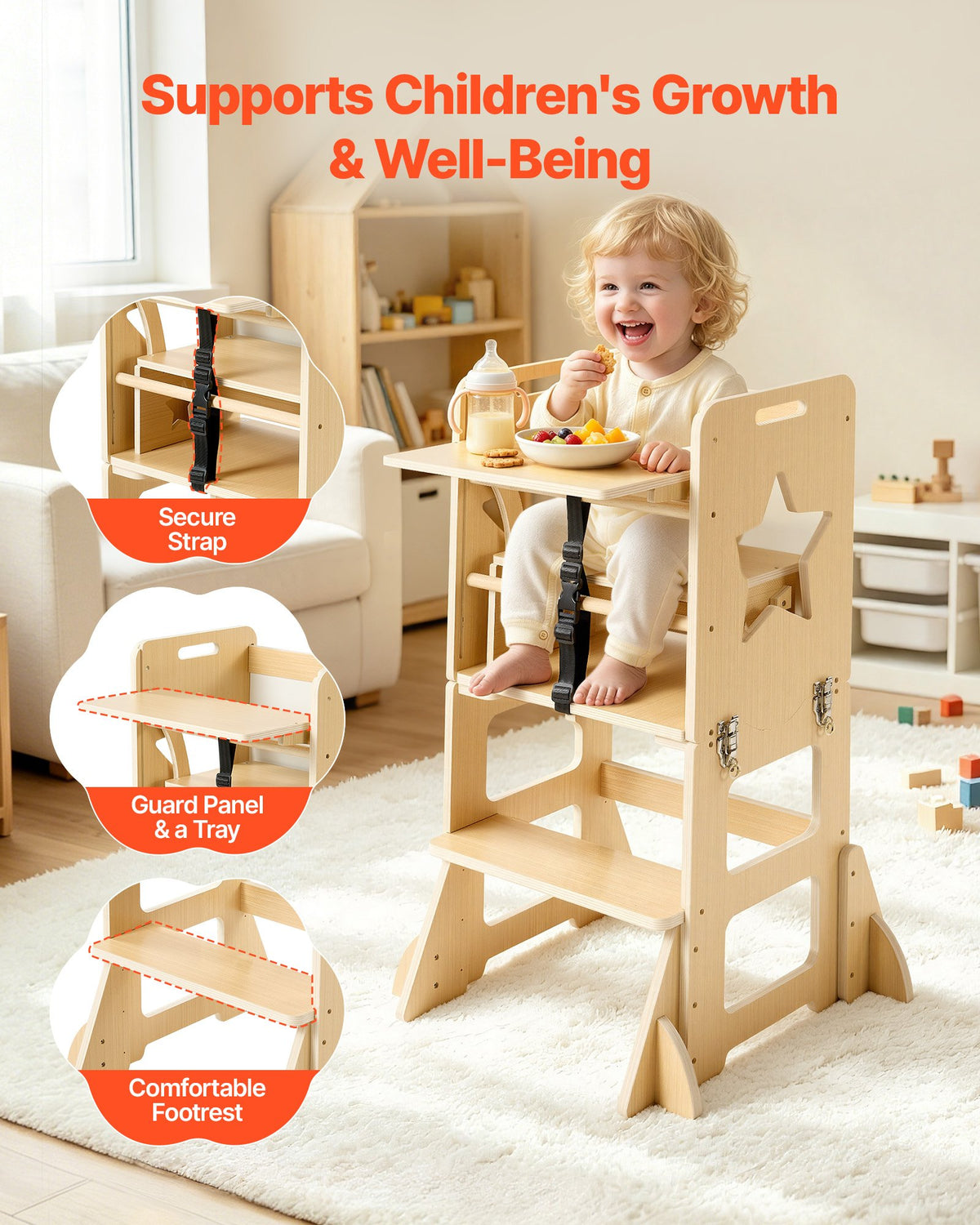 VEVOR Toddler Tower, Wooden, 6 in 1 Kitchen Step Stool for Kids 1-5, Montessori Weaning Table and Chair Set, Learning Standing Tower with Blackboard & Feeding Tray, for Bathroom and Kitchen Counter - ETDNZYTZYZYY00MX5001V0 - view 6