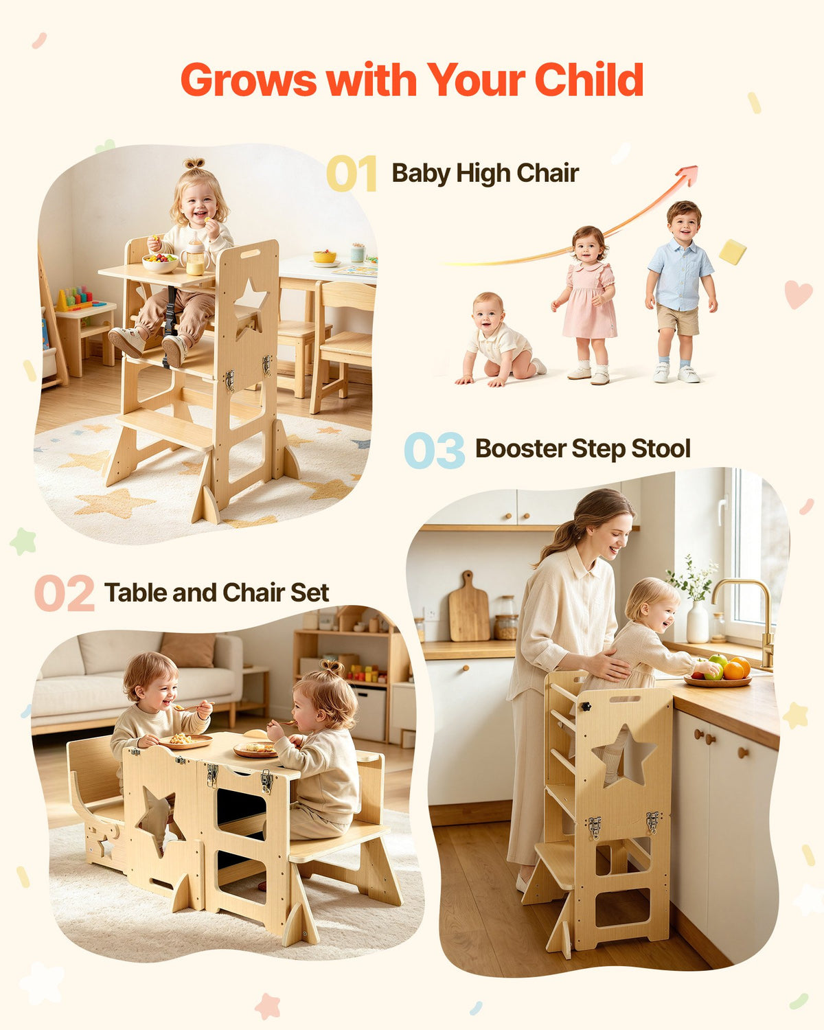 VEVOR Toddler Tower, Wooden, 6 in 1 Kitchen Step Stool for Kids 1-5, Montessori Weaning Table and Chair Set, Learning Standing Tower with Blackboard & Feeding Tray, for Bathroom and Kitchen Counter - ETDNZYTZYZYY00MX5001V0 - view 7