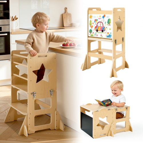 VEVOR Toddler Tower, Wooden, 4 in 1 Kitchen Step Stool for Kids 1-5, Montessori Weaning Table and Chair Set, Learning Standing Tower with Chalkboard, Easy to Clean, for Bathroom and Kitchen Counter - ETDNZYTZYZYY9ACUH001V0 - view 2