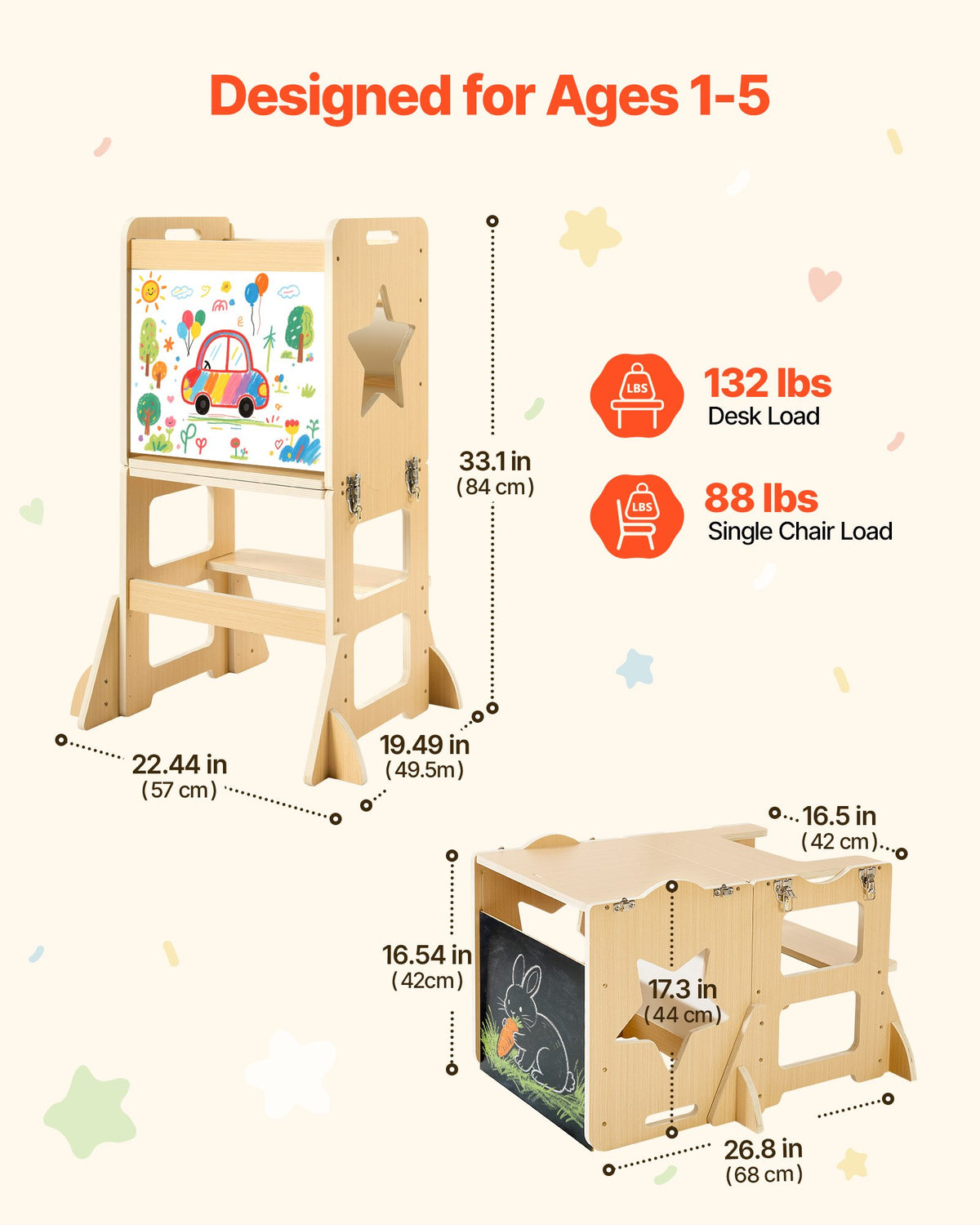 VEVOR Toddler Tower, Wooden, 4 in 1 Kitchen Step Stool for Kids 1-5, Montessori Weaning Table and Chair Set, Learning Standing Tower with Chalkboard, Easy to Clean, for Bathroom and Kitchen Counter - ETDNZYTZYZYY9ACUH001V0 - view 3