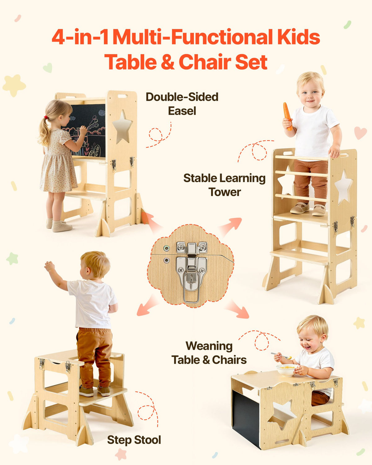 VEVOR Toddler Tower, Wooden, 4 in 1 Kitchen Step Stool for Kids 1-5, Montessori Weaning Table and Chair Set, Learning Standing Tower with Chalkboard, Easy to Clean, for Bathroom and Kitchen Counter - ETDNZYTZYZYY9ACUH001V0 - view 4
