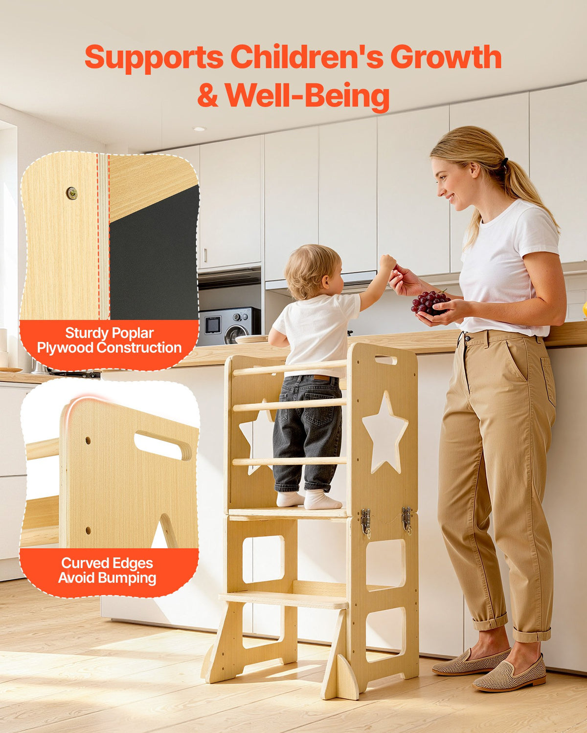 VEVOR Toddler Tower, Wooden, 4 in 1 Kitchen Step Stool for Kids 1-5, Montessori Weaning Table and Chair Set, Learning Standing Tower with Chalkboard, Easy to Clean, for Bathroom and Kitchen Counter - ETDNZYTZYZYY9ACUH001V0 - view 6