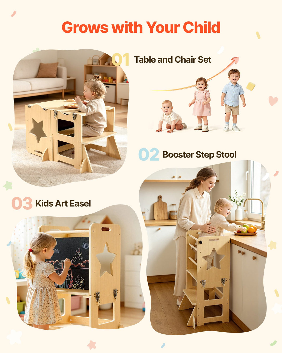 VEVOR Toddler Tower, Wooden, 4 in 1 Kitchen Step Stool for Kids 1-5, Montessori Weaning Table and Chair Set, Learning Standing Tower with Chalkboard, Easy to Clean, for Bathroom and Kitchen Counter - ETDNZYTZYZYY9ACUH001V0 - view 7