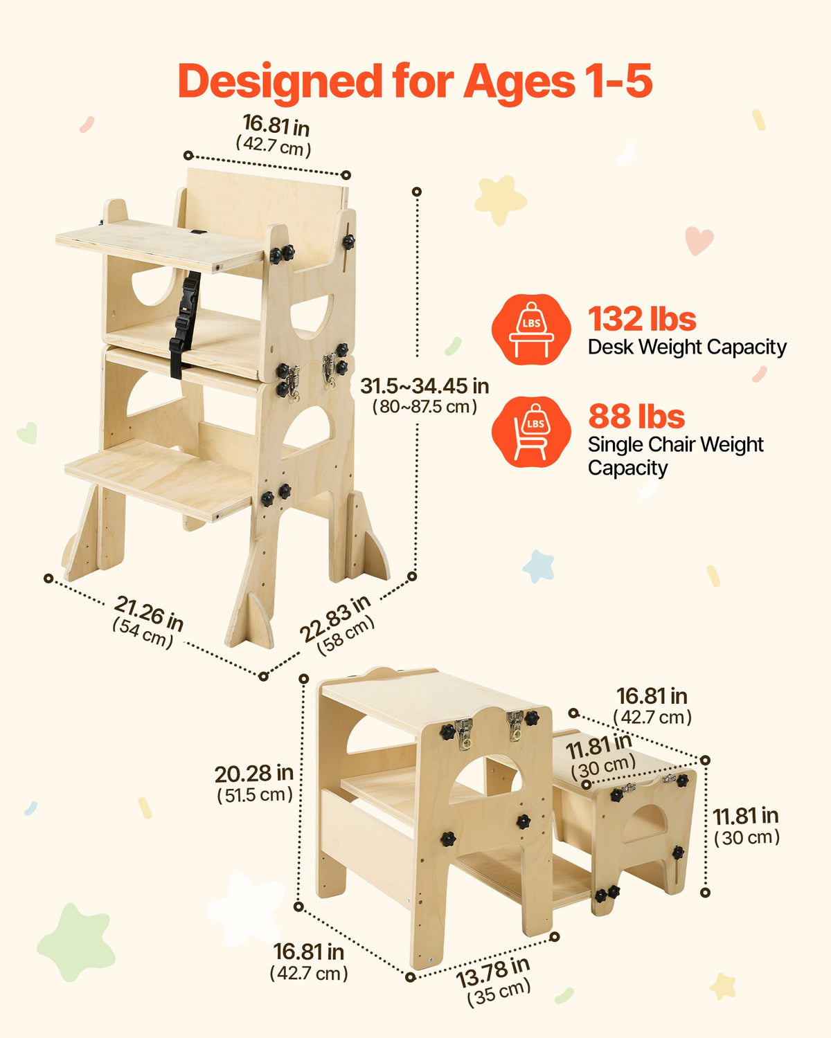 VEVOR Toddler Tower, Wooden, Adjustable Kitchen Step Stool for Kids 1-5, Montessori Weaning Table and Chair Set, Learning Standing Tower with Chalkboard, Backrest, for Bathroom and Kitchen Counter - ETDNZYTZYZYYBLG0A001V0 - view 3