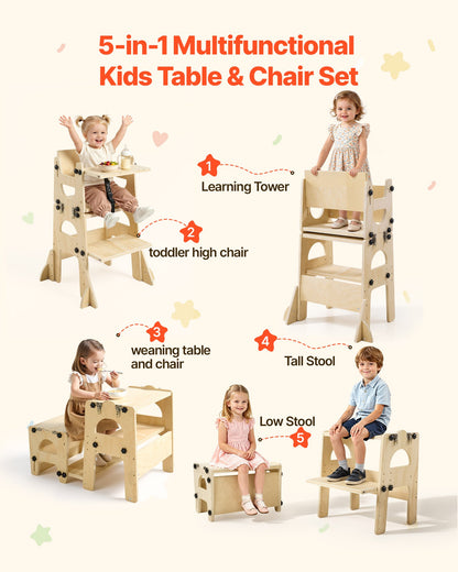 VEVOR Toddler Tower, Wooden, Adjustable Kitchen Step Stool for Kids 1-5, Montessori Weaning Table and Chair Set, Learning Standing Tower with Chalkboard, Backrest, for Bathroom and Kitchen Counter - ETDNZYTZYZYYBLG0A001V0 - view 4