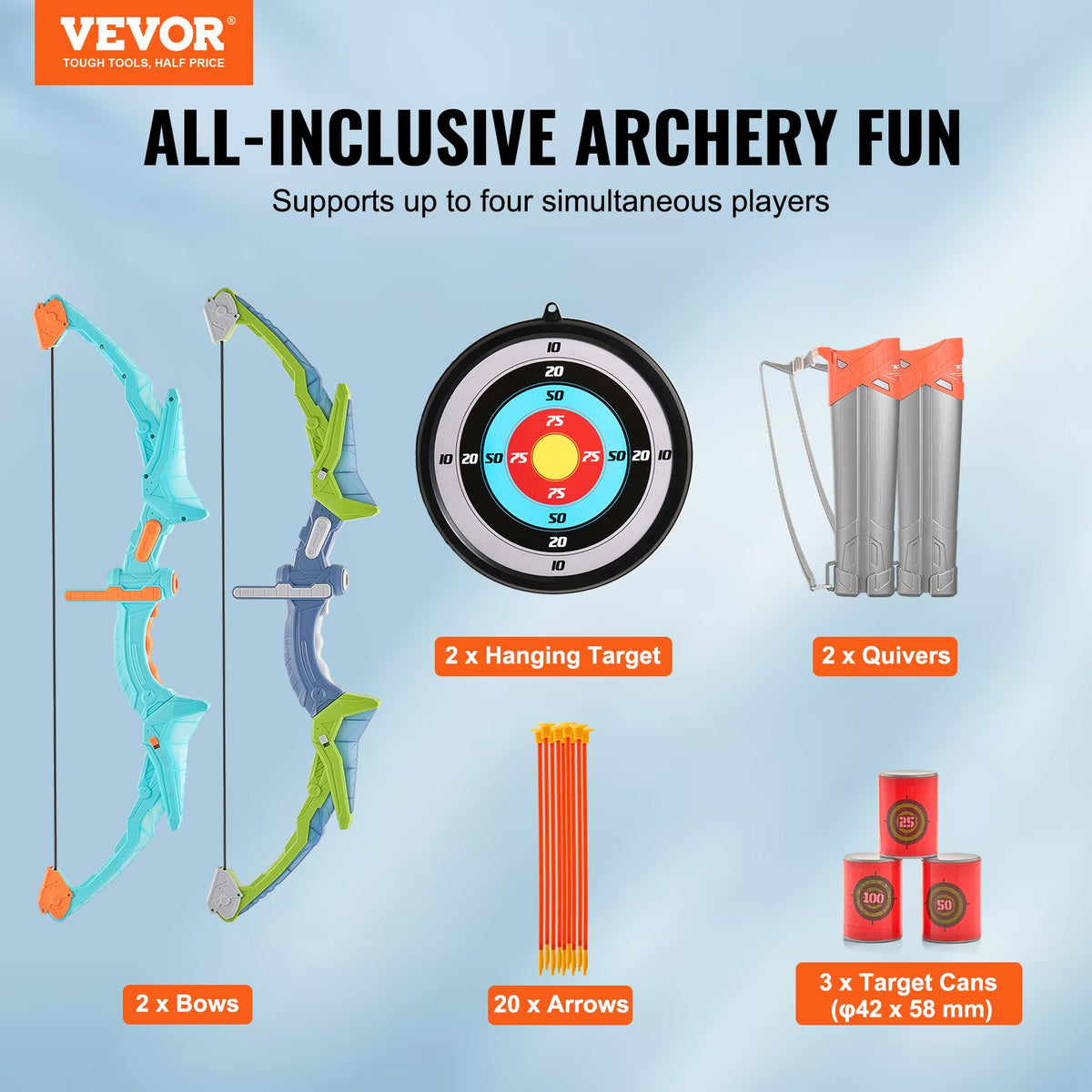 VEVOR Bow and Arrow Set for Kids, 2 Pack LED Light Up Archery Set with 20 Suction Cup Arrows, 2 Hanging Targets, 2 Quivers, 3 Target Cans, Outdoor Toy Birthday Gift for Boy & Girl 6 7 8 9 10+ Year Old - ETGJTZDBTZDBZNTYTV9 - view 3