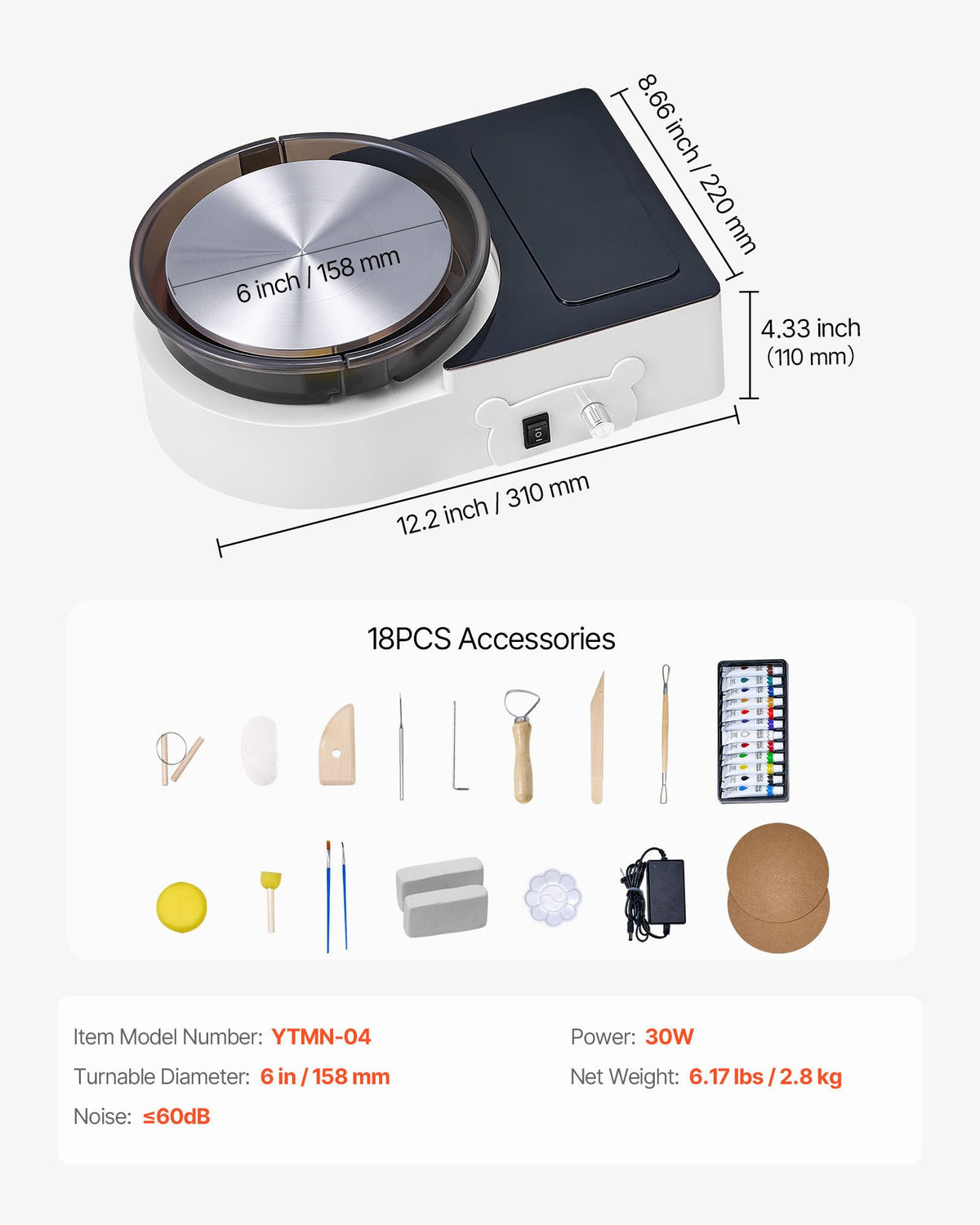 VEVOR Mini Pottery Wheel, 6 inch Turntable, Forward and Reverse Rotation, Adjustable Speed, Electric Clay Wheel for Kids and Adults, with Clay Shaping Tools, for Home DIY, Pottery Classes, White - ETLPJFXBSWJBCWB9P001V1 - view 8