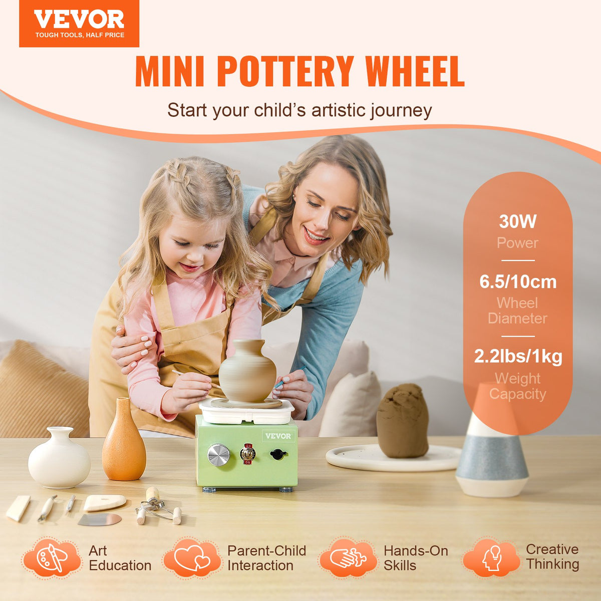 VEVOR Mini Pottery Wheel, 0-320RPM Adjustable Speed Detachable Basin Forming Machine, 2.56in/3.94in 2 Turntables Electric Ceramic Wheel Machine, 18pcs Accessories, for Art Craft Work Home DIY, Green - ETLPJMNXWJBSCU1O5V1 - view 3
