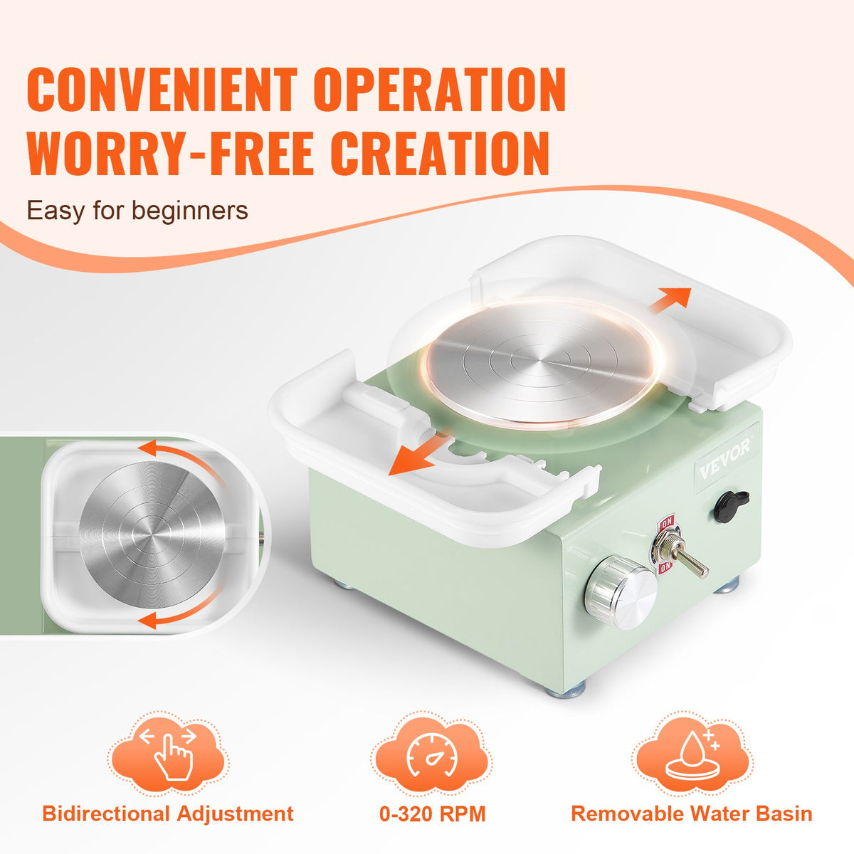 VEVOR Mini Pottery Wheel, 0-320RPM Adjustable Speed Detachable Basin Forming Machine, 2.56in/3.94in 2 Turntables Electric Ceramic Wheel Machine, 18pcs Accessories, for Art Craft Work Home DIY, Green - ETLPJMNXWJBSCU1O5V1 - view 4