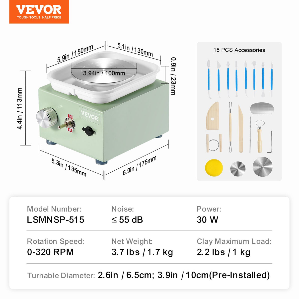 VEVOR Mini Pottery Wheel, 0-320RPM Adjustable Speed Detachable Basin Forming Machine, 2.56in/3.94in 2 Turntables Electric Ceramic Wheel Machine, 18pcs Accessories, for Art Craft Work Home DIY, Green - ETLPJMNXWJBSCU1O5V1 - view 8