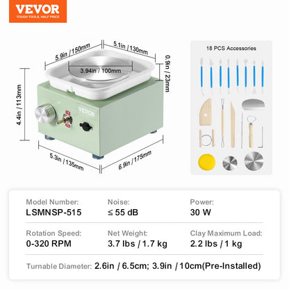 VEVOR Mini Pottery Wheel, 0-320RPM Adjustable Speed Detachable Basin Forming Machine, 2.56in/3.94in 2 Turntables Electric Ceramic Wheel Machine, 18pcs Accessories, for Art Craft Work Home DIY, Green - ETLPJMNXWJBSCU1O5V1 - view 8