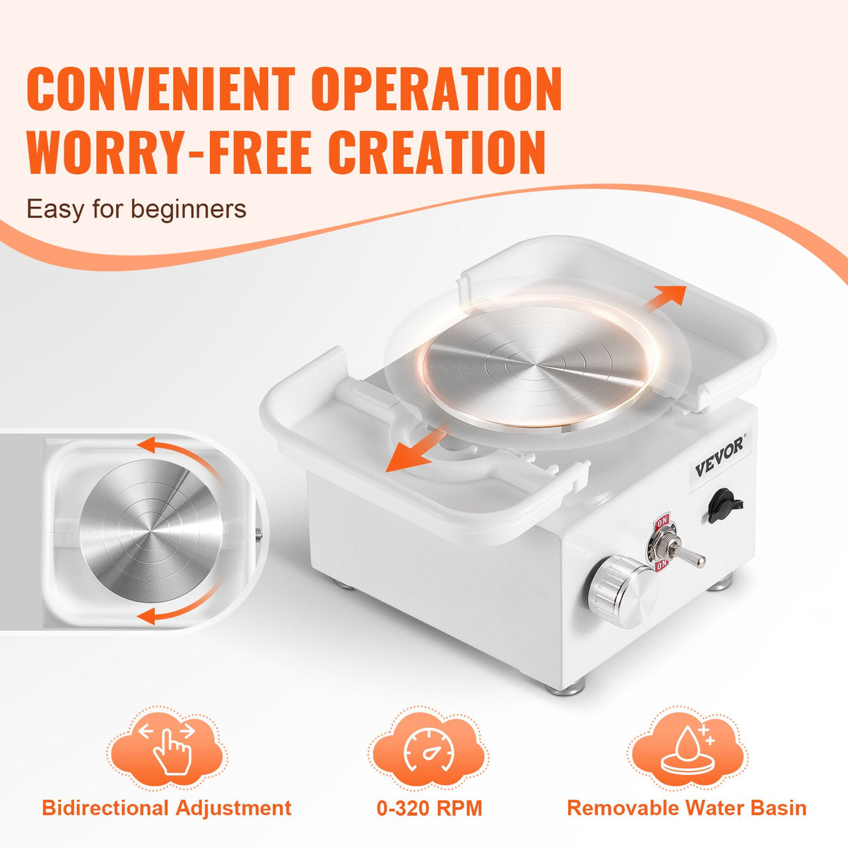 VEVOR Mini Pottery Wheel, 0-320RPM Adjustable Speed Detachable Basin Forming Machine, 2.56in/3.94in 2 Turntables Electric Ceramic Wheel Machine, 18pcs Accessories, for Art Craft Work Home DIY, White - ETLPJMNXWJBSDTCZ1V1 - view 4