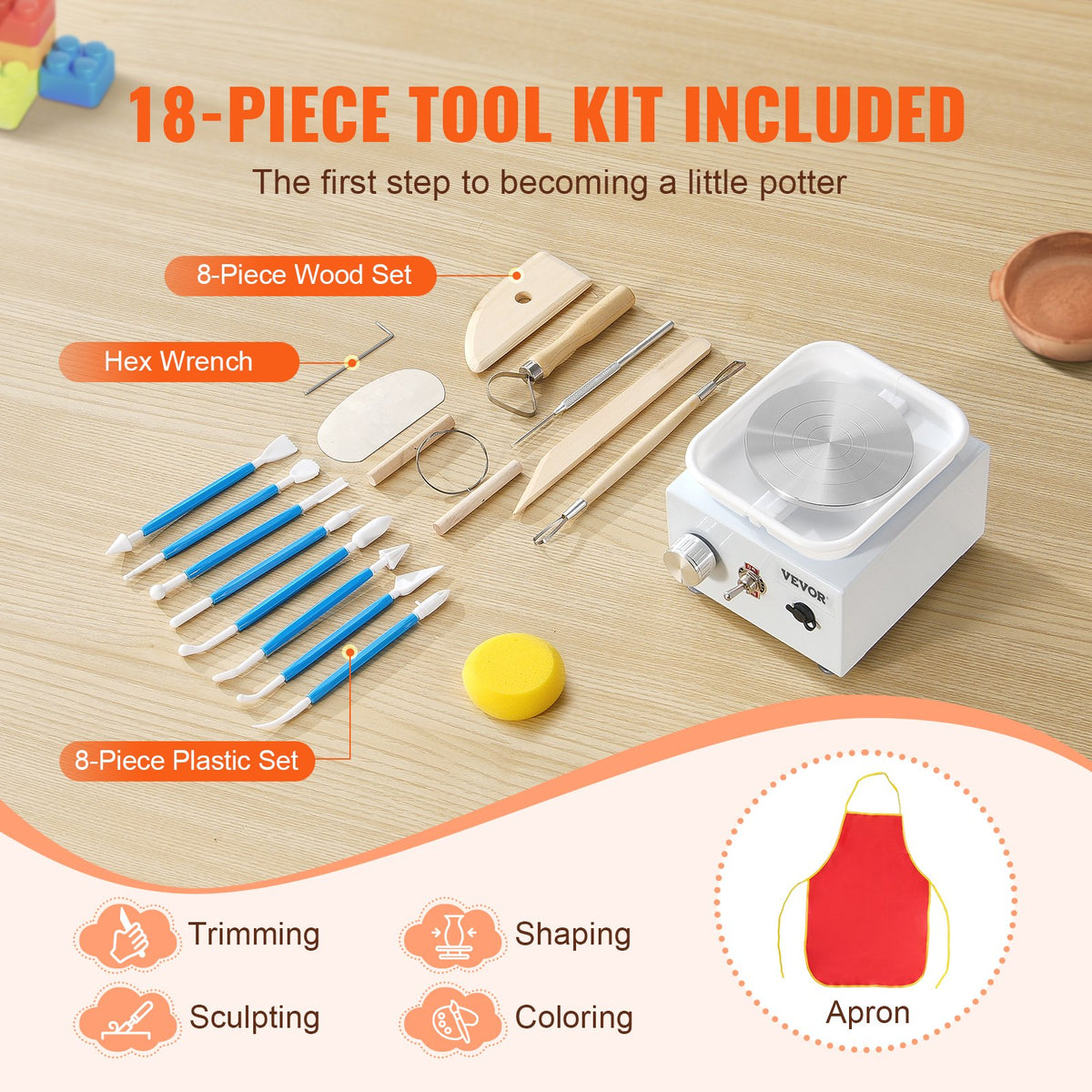 VEVOR Mini Pottery Wheel, 0-320RPM Adjustable Speed Detachable Basin Forming Machine, 2.56in/3.94in 2 Turntables Electric Ceramic Wheel Machine, 18pcs Accessories, for Art Craft Work Home DIY, White - ETLPJMNXWJBSDTCZ1V1 - view 7