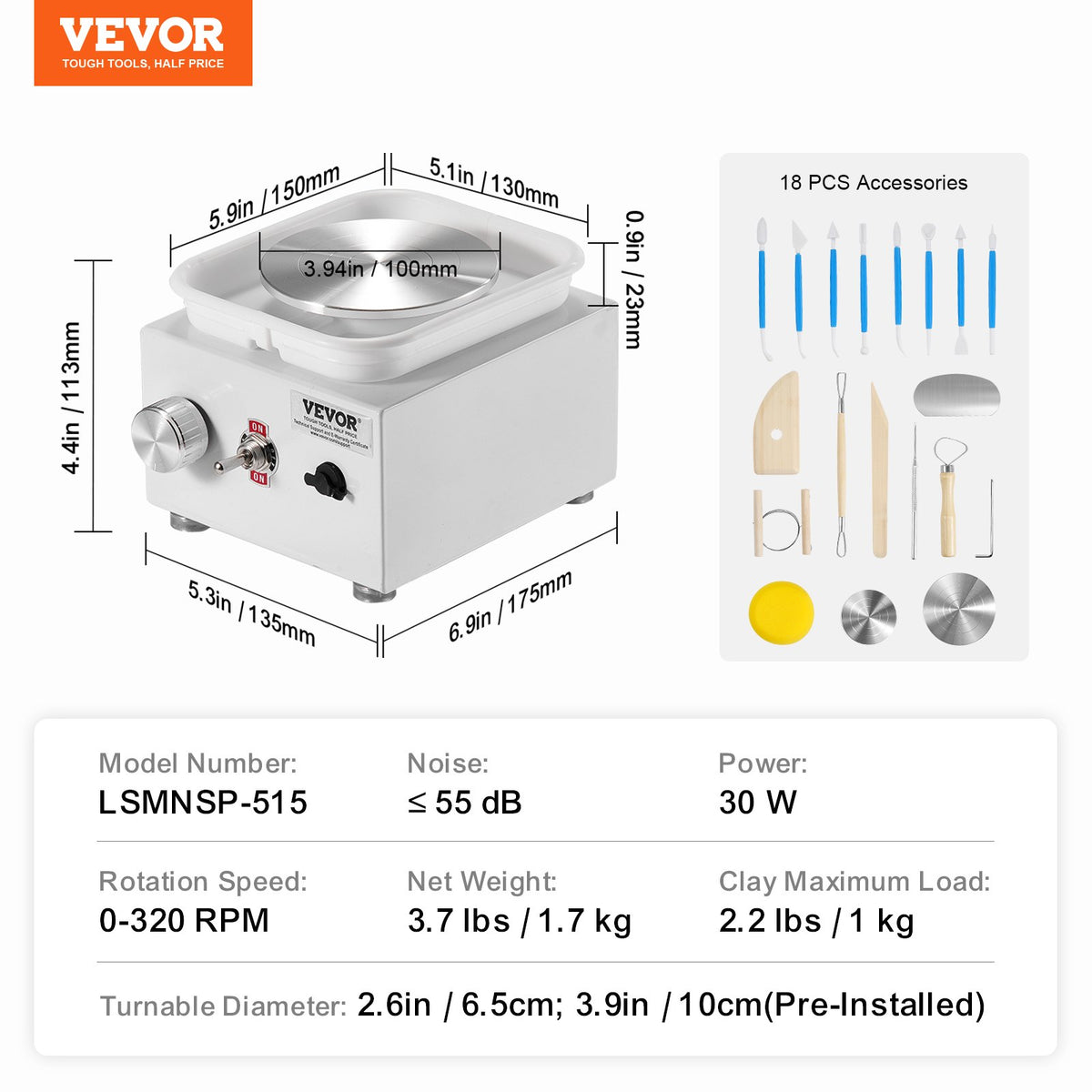 VEVOR Mini Pottery Wheel, 0-320RPM Adjustable Speed Detachable Basin Forming Machine, 2.56in/3.94in 2 Turntables Electric Ceramic Wheel Machine, 18pcs Accessories, for Art Craft Work Home DIY, White - ETLPJMNXWJBSDTCZ1V1 - view 8
