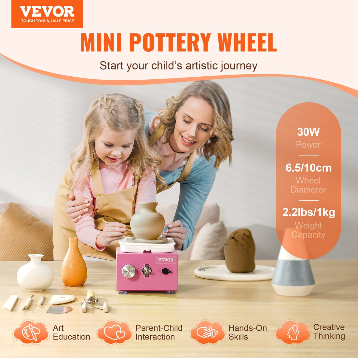 VEVOR Mini Pottery Wheel, 0-320RPM Adjustable Speed Detachable Basin Forming Machine, 2.56in/3.94in 2 Turntables Electric Ceramic Wheel Machine, 18pcs Accessories, for Art Craft Work Home DIY, Pink - ETLPJMNXWJBSI0YBMV1 - view 3