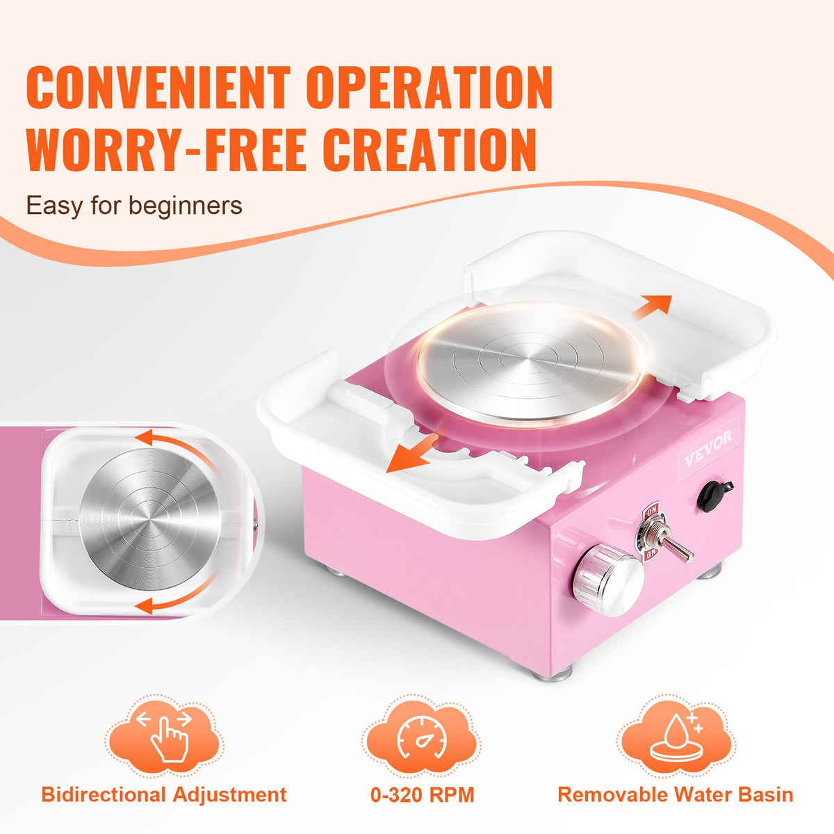 VEVOR Mini Pottery Wheel, 0-320RPM Adjustable Speed Detachable Basin Forming Machine, 2.56in/3.94in 2 Turntables Electric Ceramic Wheel Machine, 18pcs Accessories, for Art Craft Work Home DIY, Pink - ETLPJMNXWJBSI0YBMV1 - view 4