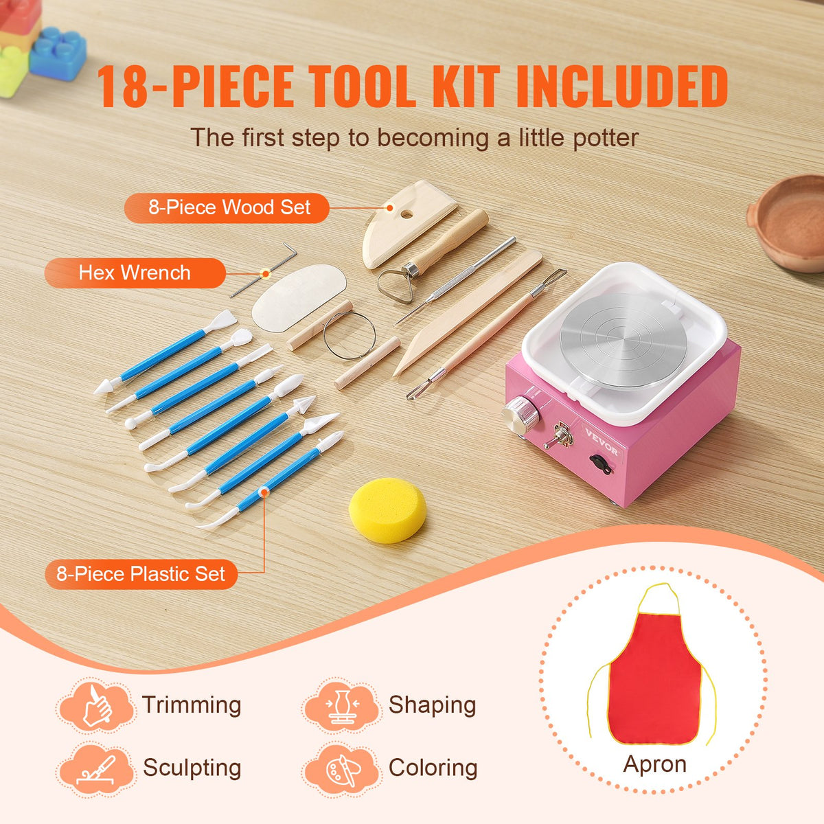 VEVOR Mini Pottery Wheel, 0-320RPM Adjustable Speed Detachable Basin Forming Machine, 2.56in/3.94in 2 Turntables Electric Ceramic Wheel Machine, 18pcs Accessories, for Art Craft Work Home DIY, Pink - ETLPJMNXWJBSI0YBMV1 - view 7