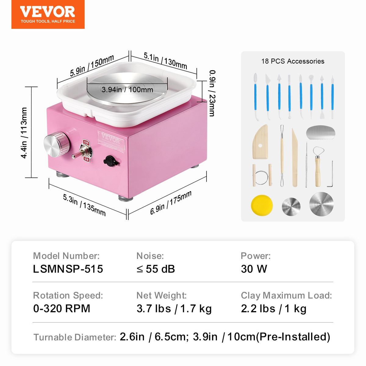 VEVOR Mini Pottery Wheel, 0-320RPM Adjustable Speed Detachable Basin Forming Machine, 2.56in/3.94in 2 Turntables Electric Ceramic Wheel Machine, 18pcs Accessories, for Art Craft Work Home DIY, Pink - ETLPJMNXWJBSI0YBMV1 - view 8