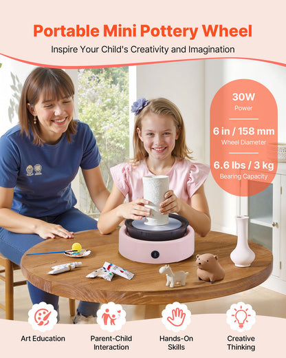 VEVOR Mini Pottery Wheel, 6 inch Turntable, Forward and Reverse Rotation, Adjustable Speed, Electric Clay Wheel for Kids and Beginners, with Shaping Tools, for Home DIY, Pottery Classes, Pink - ETLPJYXFSWJBLVJCA001V1 - view 3
