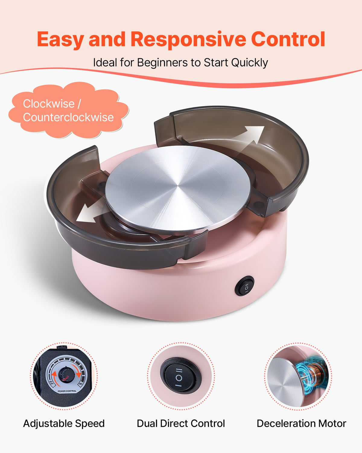 VEVOR Mini Pottery Wheel, 6 inch Turntable, Forward and Reverse Rotation, Adjustable Speed, Electric Clay Wheel for Kids and Beginners, with Shaping Tools, for Home DIY, Pottery Classes, Pink - ETLPJYXFSWJBLVJCA001V1 - view 4