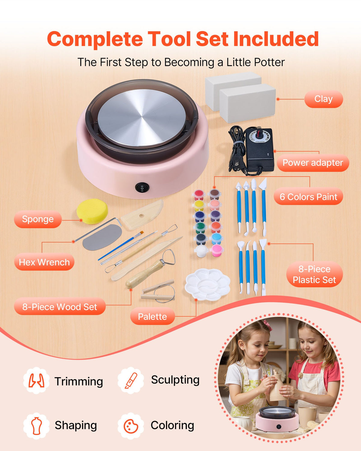 VEVOR Mini Pottery Wheel, 6 inch Turntable, Forward and Reverse Rotation, Adjustable Speed, Electric Clay Wheel for Kids and Beginners, with Shaping Tools, for Home DIY, Pottery Classes, Pink - ETLPJYXFSWJBLVJCA001V1 - view 5