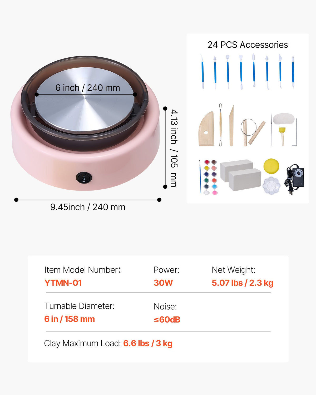 VEVOR Mini Pottery Wheel, 6 inch Turntable, Forward and Reverse Rotation, Adjustable Speed, Electric Clay Wheel for Kids and Beginners, with Shaping Tools, for Home DIY, Pottery Classes, Pink - ETLPJYXFSWJBLVJCA001V1 - view 8