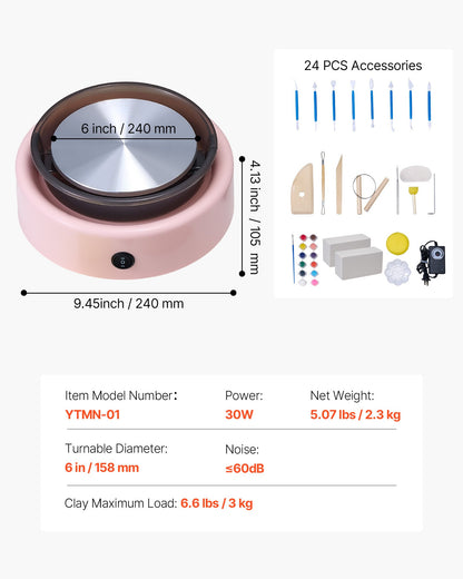VEVOR Mini Pottery Wheel, 6 inch Turntable, Forward and Reverse Rotation, Adjustable Speed, Electric Clay Wheel for Kids and Beginners, with Shaping Tools, for Home DIY, Pottery Classes, Pink - ETLPJYXFSWJBLVJCA001V1 - view 8