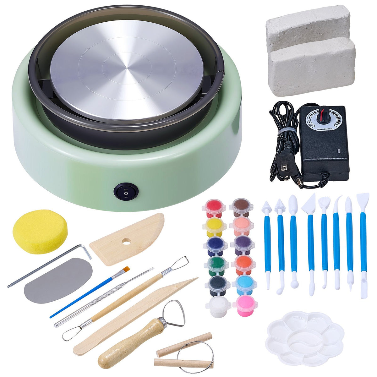 VEVOR Mini Pottery Wheel, 6 inch Turntable, Forward and Reverse Rotation, Adjustable Speed, Electric Clay Wheel for Kids and Beginners, with Shaping Tools, for Home DIY, Pottery Classes, Green - ETLPJYXLSWJBH5WNX001V1 - view 1